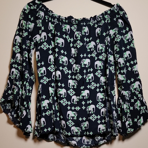 crown & ivy Tops - Crown & Ivy Navy Ruffled Blouse with 3/4 Sleeves and Green Elephant Print